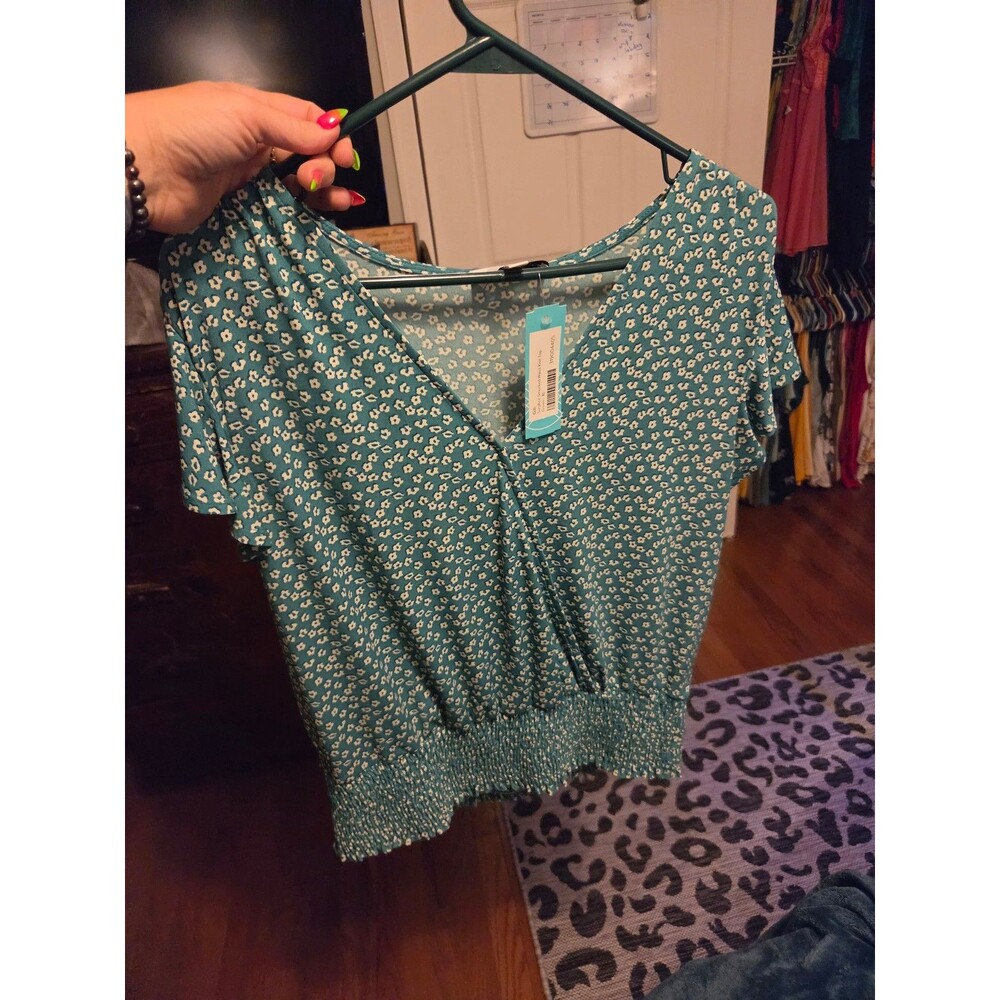 Gilli Surplice Smocked Waist Knit Top - Green XL
